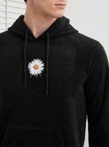 RueChic Men Floral Print Kangaroo Pocket Drawstring Hoodie - Black - View 3