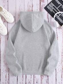 SHEIN Unity 花和標語圖案袋鼠口袋抽繩加絨內裏連帽衫 - 灰色 - 查看 2