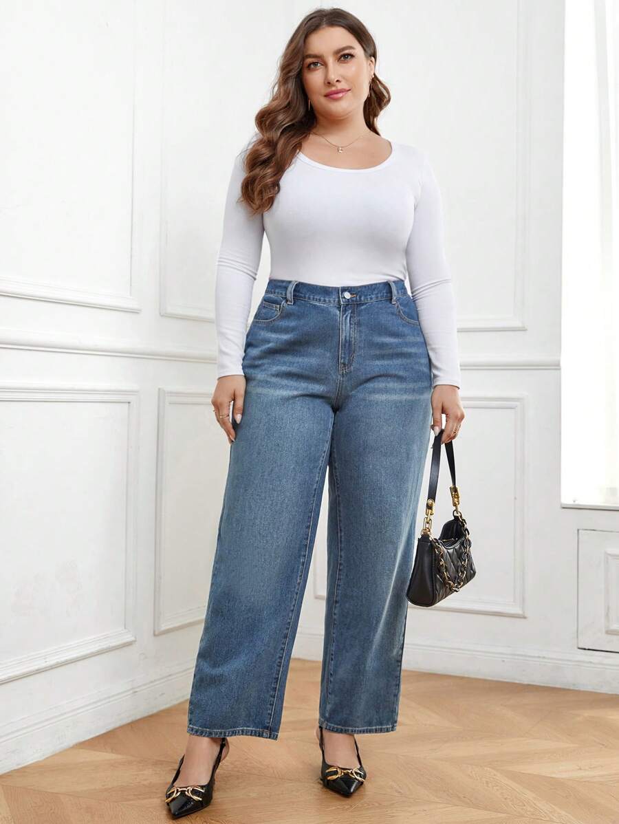 SHEIN LUNE 大碼拉鏈門襟直筒牛仔褲 - 中等水洗藍 - 查看 1