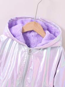 SHEIN 青少年女孩拉鍊連帽毛絨內裡全息夾克 秋季 - 彩色 - 查看 6