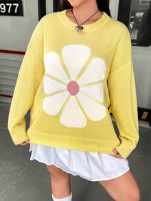 Flirla 大碼花卉圖案落肩袖套頭毛衣 - 黃色 - 查看 3