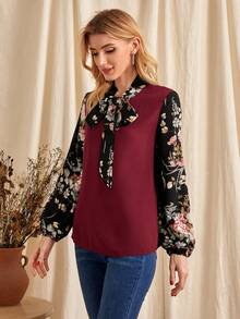 EMERY ROSE 印花燈籠袖繫帶領襯衫 - 酒紅色 - 查看 5