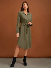 SHEIN Tall Solid Button Front Belted Shirt Dress - Army Green - View 4