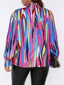 SHEIN LUNE Plus Allover Print Notched Neckline Lantern Sleeve Blouse - Multicolor - View 2