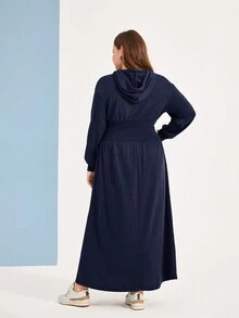 Mulvari 大碼落肩袖抽繩連帽衛衣裙 - 藏蓝色 - 查看 2