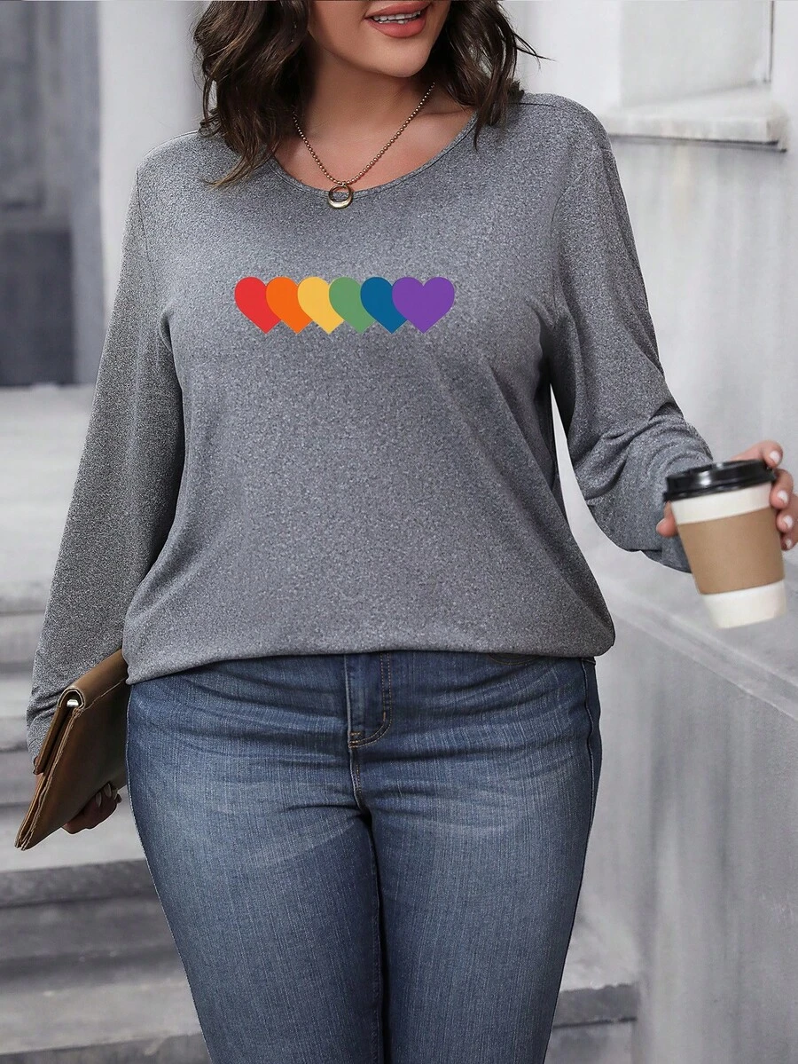 Flirla Hơn In Trái tim Áo thun - Xám - Xem 1