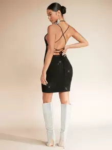 SHEIN BAE Crisscross Ca-vát Backless Váy len yếm - màu đen - Xem 2