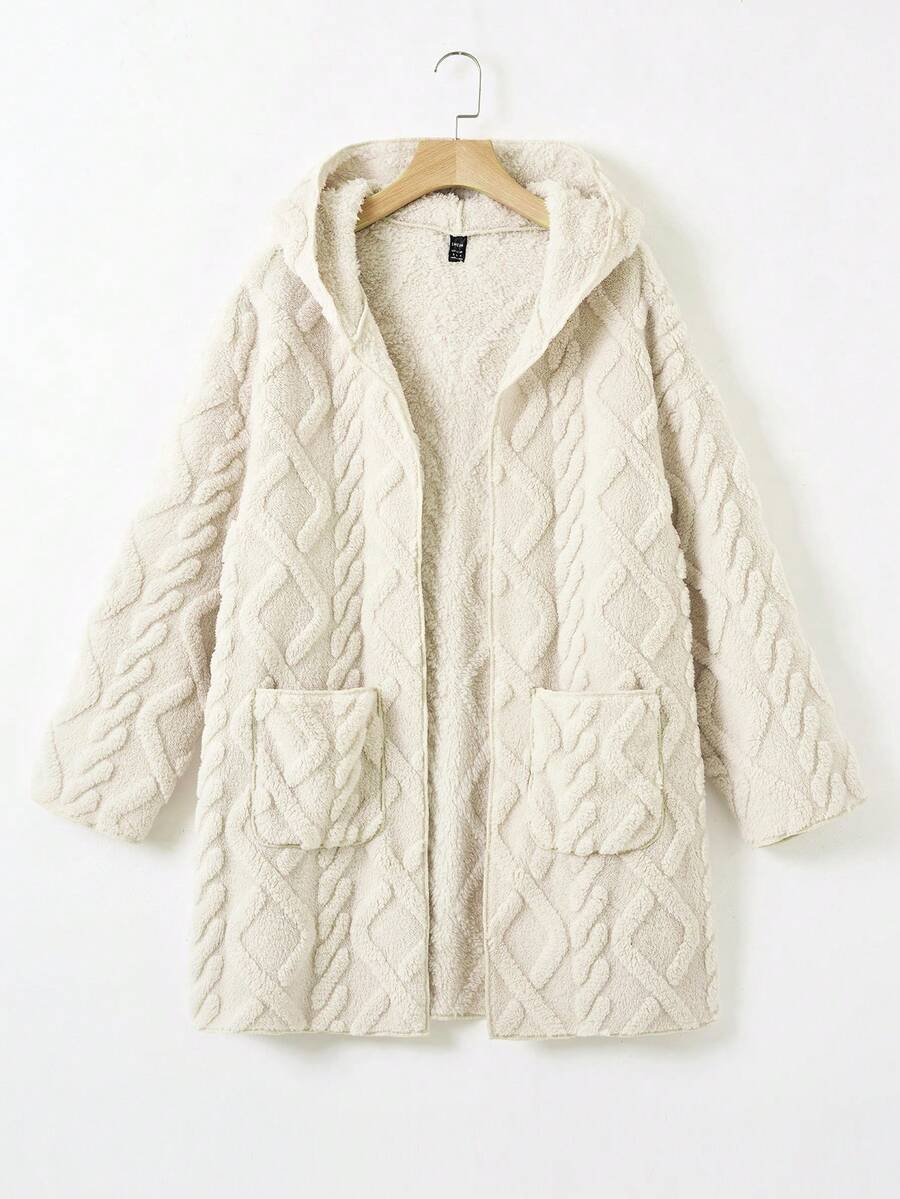 SHEIN EZwear Dual Pocket Drop Shoulder Hooded Coat - Beige - View 1