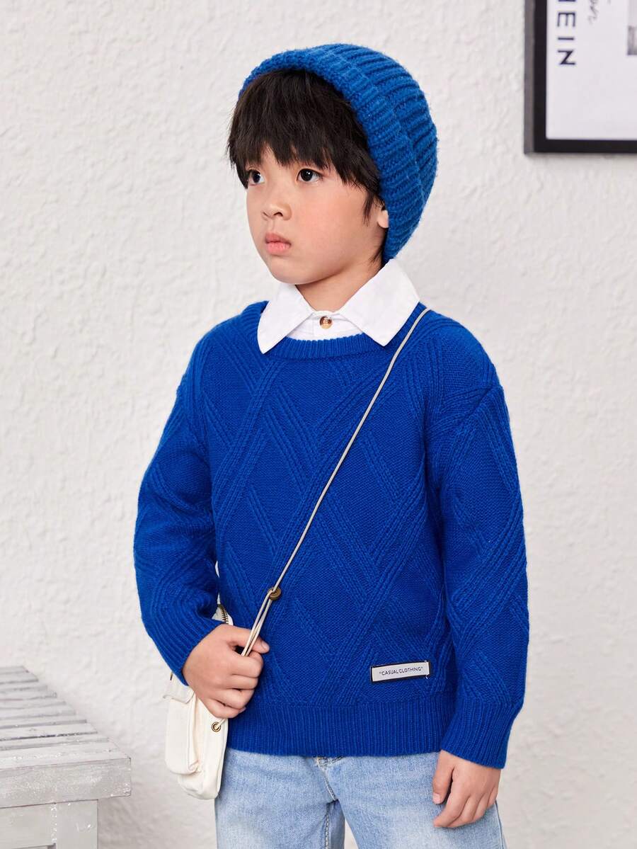 SHEIN Bé trai Lỏng lẻo Phù hợp Thả vai Vòng cổ Áo chui đầu Áo len - Màu xanh lam - Xem 1