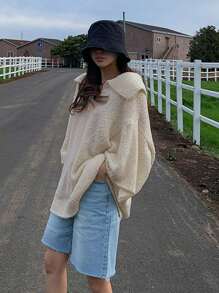 DAZY 纯色落肩毛衣，秋装 - 米色 - 查看 5