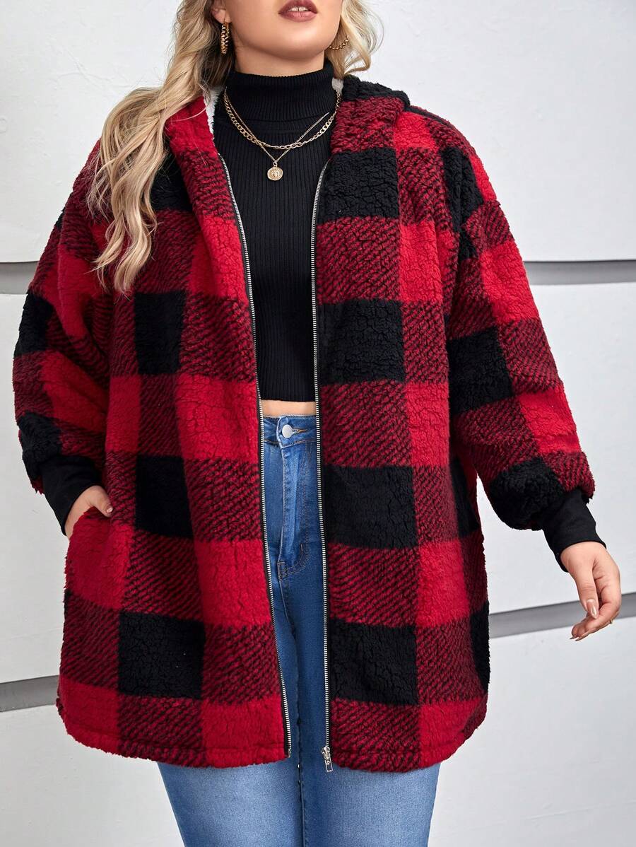 SHEIN LUNE Áo khoác trùm đầu in họa tiết kẻ caro vai trễ của Plus Buffalo, mùa đông - Màu Đỏ Sâu - Xem 1