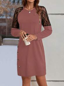 SHEIN LUNE Ren tương phản Tay Raglan Váy áo thun - Bụi hồng - Xem 3