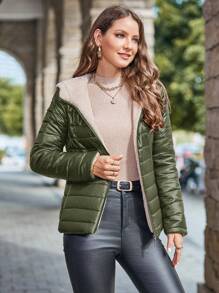 SHEIN LUNE Áo khoác lông cừu trùm đầu màu trơn giản dị có đệm, dành cho quần áo mùa đông - xanh quân đội - Xem 1