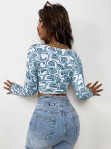 SHEIN Unity In Đồ họa Nút phía trước Áo phông Crop - Màu xanh lam - Xem 2