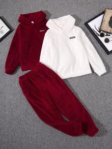 Tween Boy 2pcs Letter Patched Teddy Hoodie & 1pc Pants - Multicolor - View 3