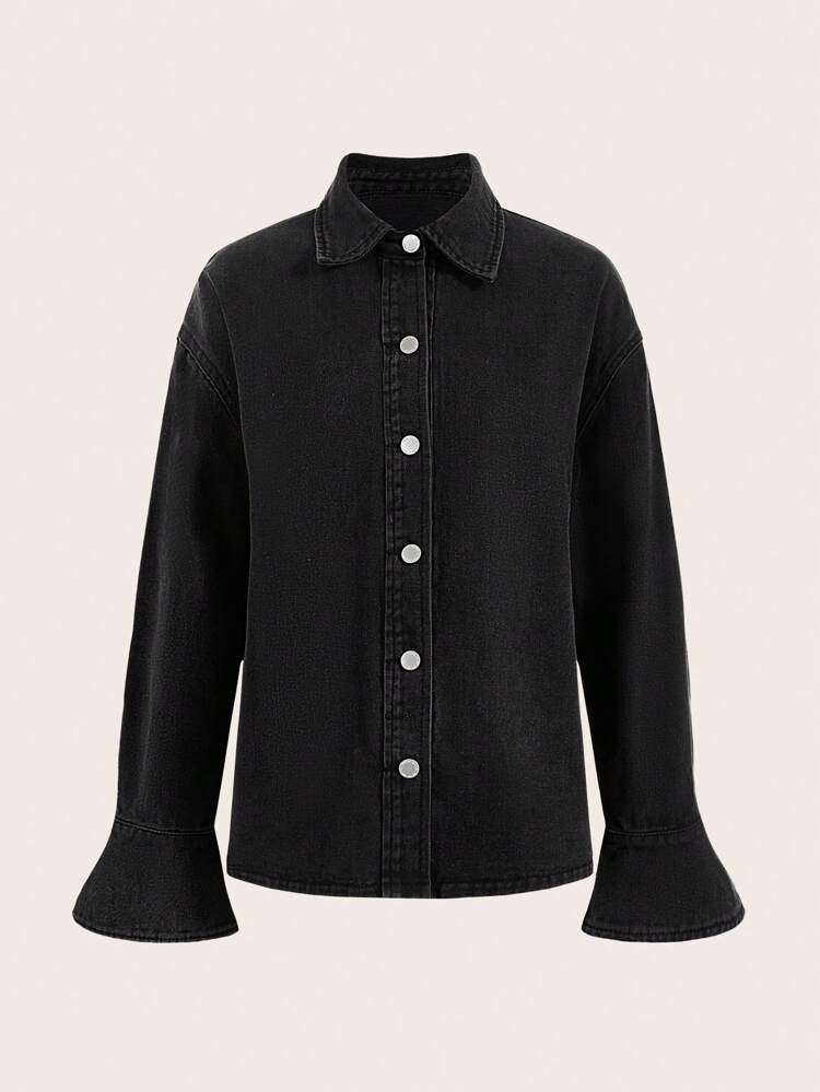Solid Button Front Denim Shirt