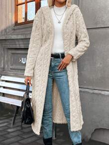 SHEIN LUNE Mở Mặt trước Thắt lưng áo có mũ Áo khoác Teddy - Màu be - Xem 5