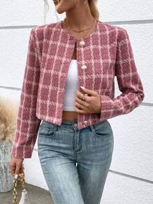 SHEIN Frenchy 格紋印花前紐扣花呢外套 - 粉色 - 查看 3