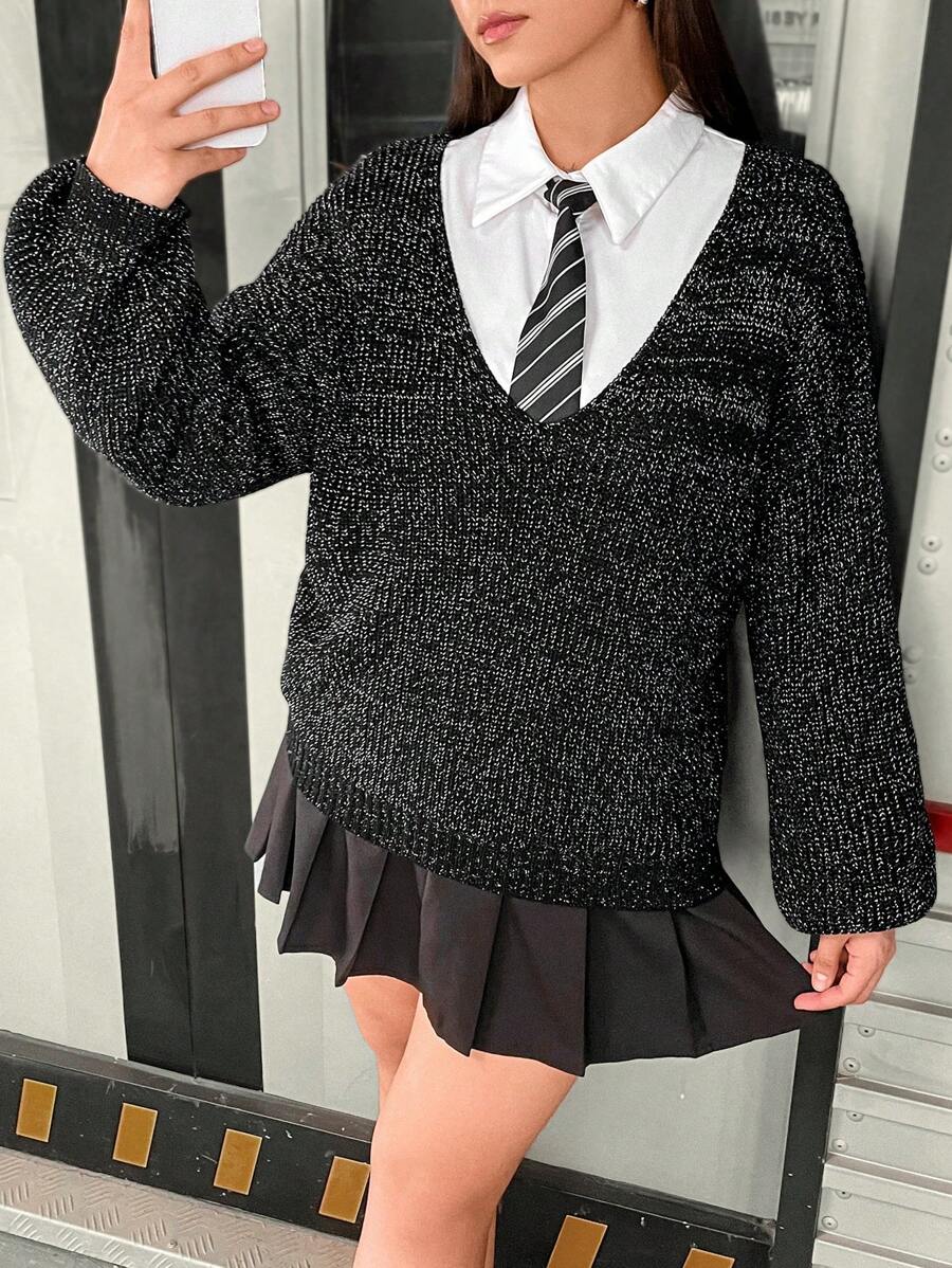 Flirla 1pc Plus Marled Knit Drop Shoulder Sweater Knit Pullover Fall Winter Sweater - Black - View 1