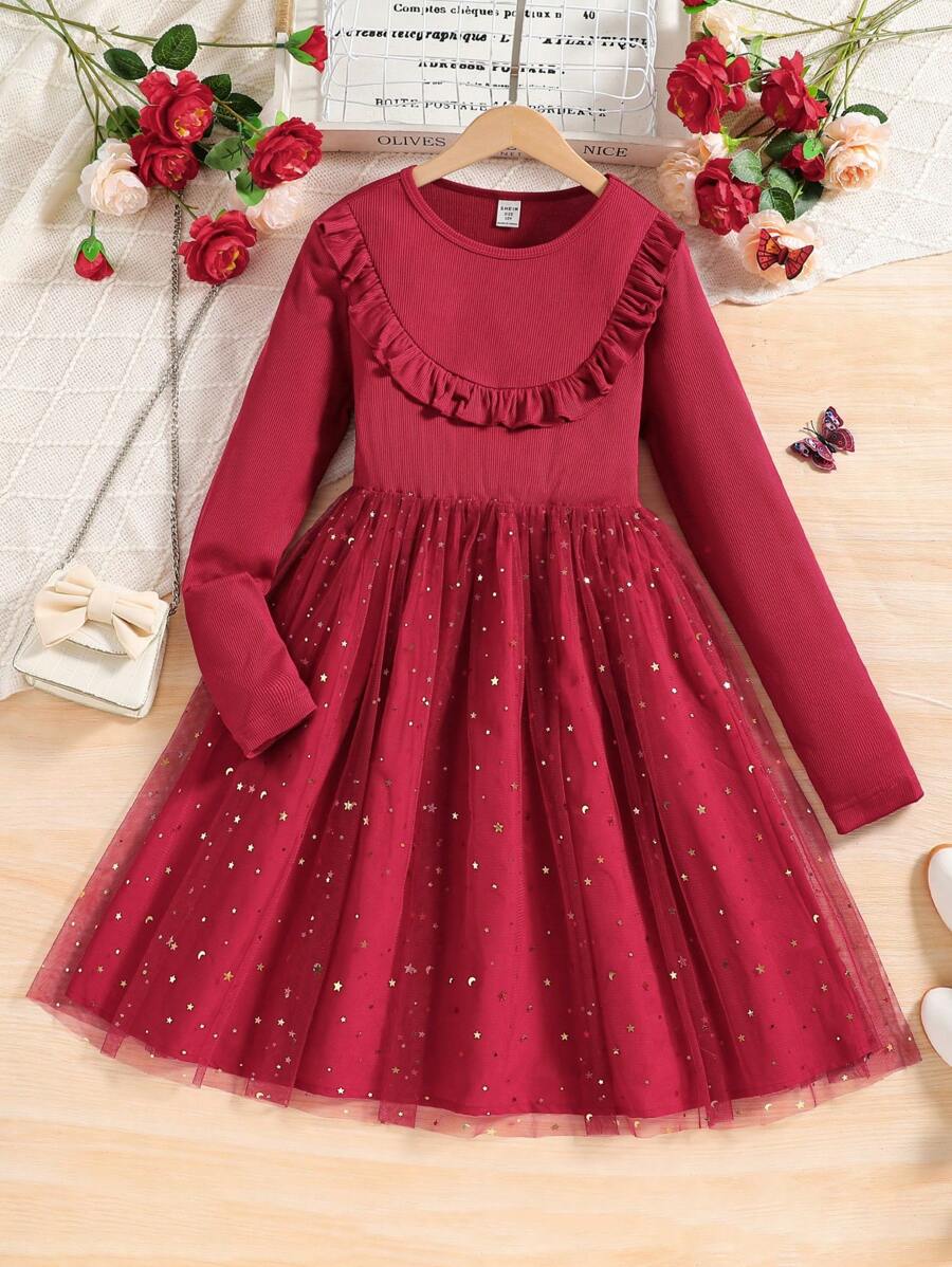 SHEIN Cô gái Tween Viền Ruffle Lưới tương phản Hem Đầm Đối với Giáng sinh - Màu Đỏ Sâu - Xem 1