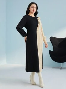 Mulvari Plus Two Tone Ruffle Trim Lantern Sleeve Pleated Sweater Dress - Multicolor - View 4