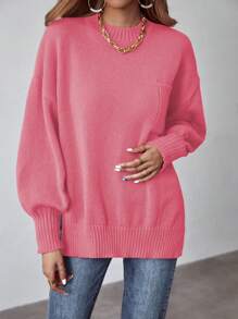 SHEIN LUNE Chất rắn Thả vai Vá Túi Áo len - Màu Hồng Tươi - Xem 5