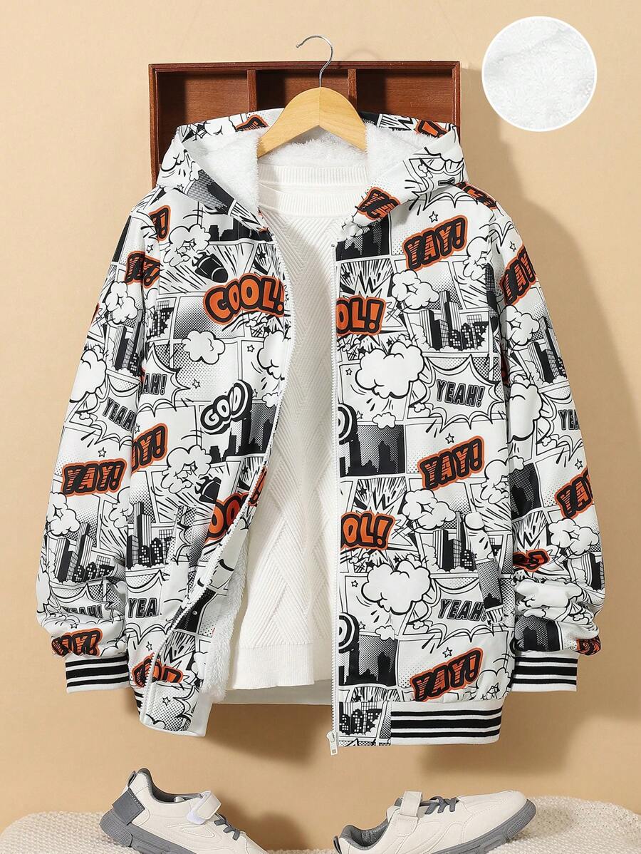SHEIN 青少年男孩波普藝術圖案條紋飾邊連帽加絨內裏外套無毛衣 - 彩色 - 查看 1