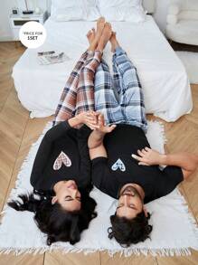 SHEIN 男士1入組愛心圖案睡衣T恤和1入組格紋印花長褲 - 彩色 - 查看 1