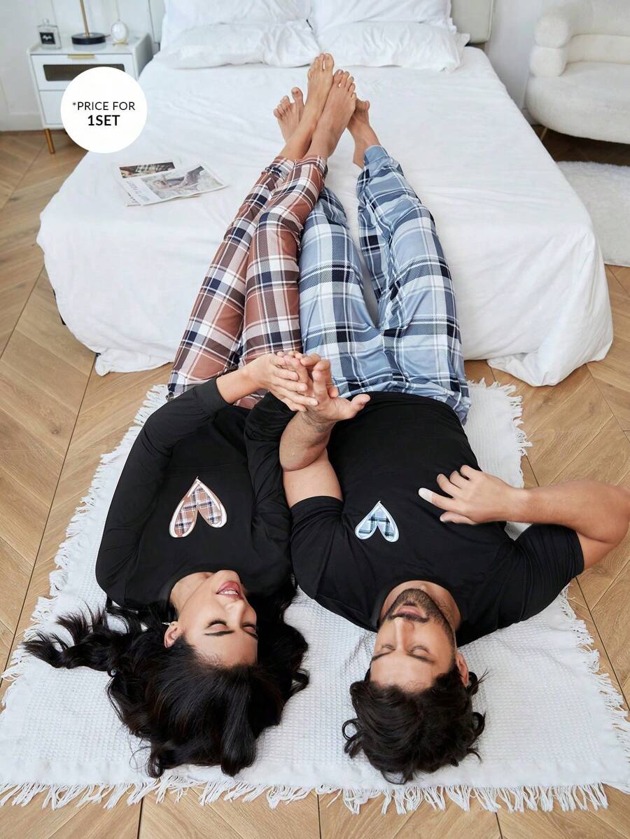 SHEIN 男士1入組愛心圖案睡衣T恤和1入組格紋印花長褲 - 彩色 - 查看 1