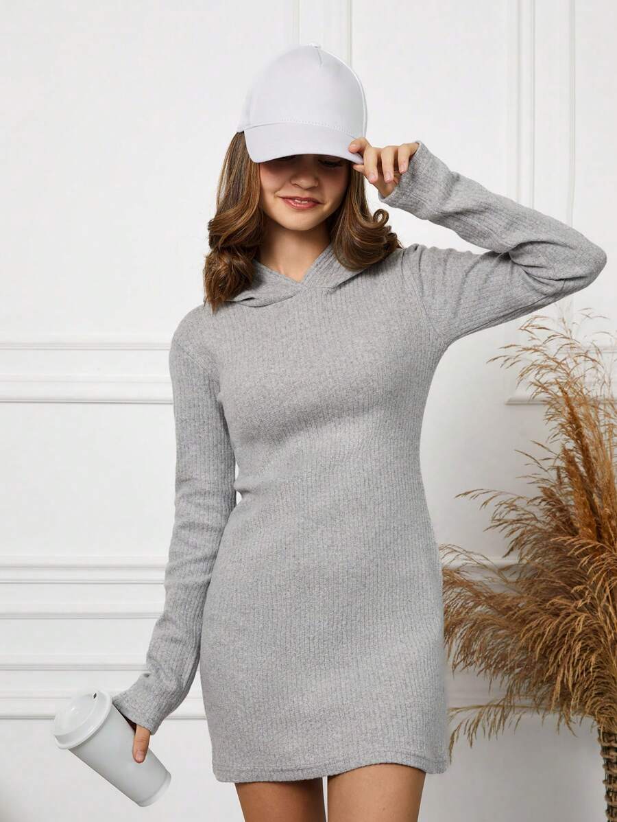 RueChic Teen Girl Ribbed Knit Hooded Dress - Grey - View 1