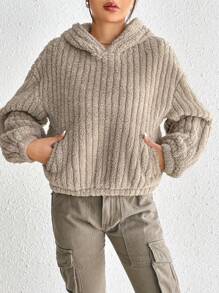 SHEIN EZwear Drop Shoulder Fleece Hoodie - Khaki - View 1