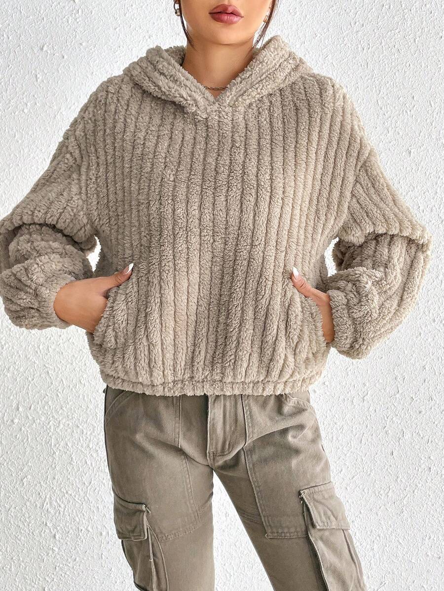 SHEIN EZwear Drop Shoulder Fleece Hoodie - Khaki - View 1