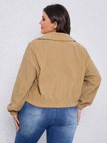 SHEIN LUNE Hơn Thả vai Dây kéo Vải to sợi Áo khoác - Màu Khaki - Xem 2