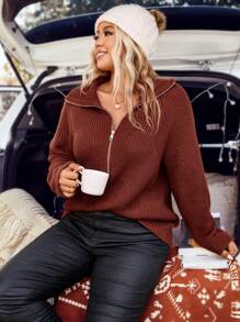 SHEIN LUNE Plus Half Zip Raglan Sleeve Sweater - Rust Brown - View 5