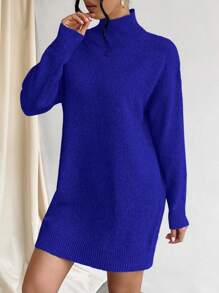 EURMUSE High Neck Solid Color Sweater Dress (belt Not Included) - Blue - View 5