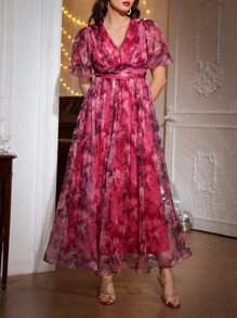 SHEIN Belle 印花泡泡袖網紗覆蓋洋裝 - 彩色 - 查看 4