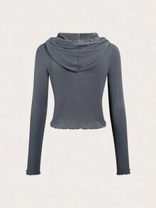 SHEIN Unity Chất rắn Nút phía trước Dây rút áo có mũ Áo thun - Xám - Xem 2