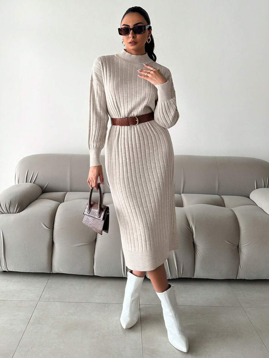 EURMUSE Women's Turtleneck Solid Color Drop Shoulder Ribbed Knit Sweater Dress, No Belt - Beige - View 1