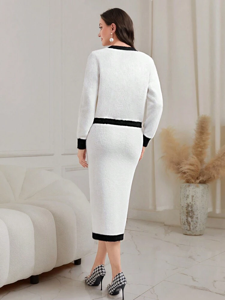 Contrast Trim Button Front Cardigan & Pencil Skirt Set Fall Cloth For Women