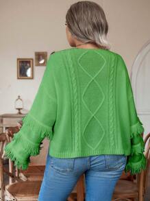 Calvaya Plus Fringe Trim Drop Shoulder Cable Knit Sweater - Olive Green - View 2