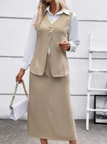 SHEIN LUNE Solid Button Front Vest Jacket & Split Thigh Skirt Without Blouse - Khaki - View 4