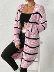 RueChic Mẫu sọc Thả vai Mở Mặt trước lông tơ Áo len Mở - Màu Hồng Tươi - Xem 5