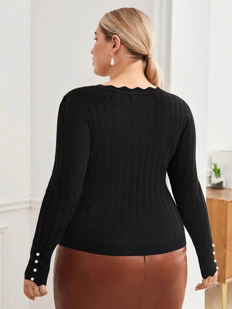 Plus Scallop Trim Button Detail Sweater
