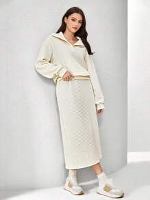 Mulvari Letter Patched Detail Drop Shoulder Sweatshirt & Skirt 2 Piece Set