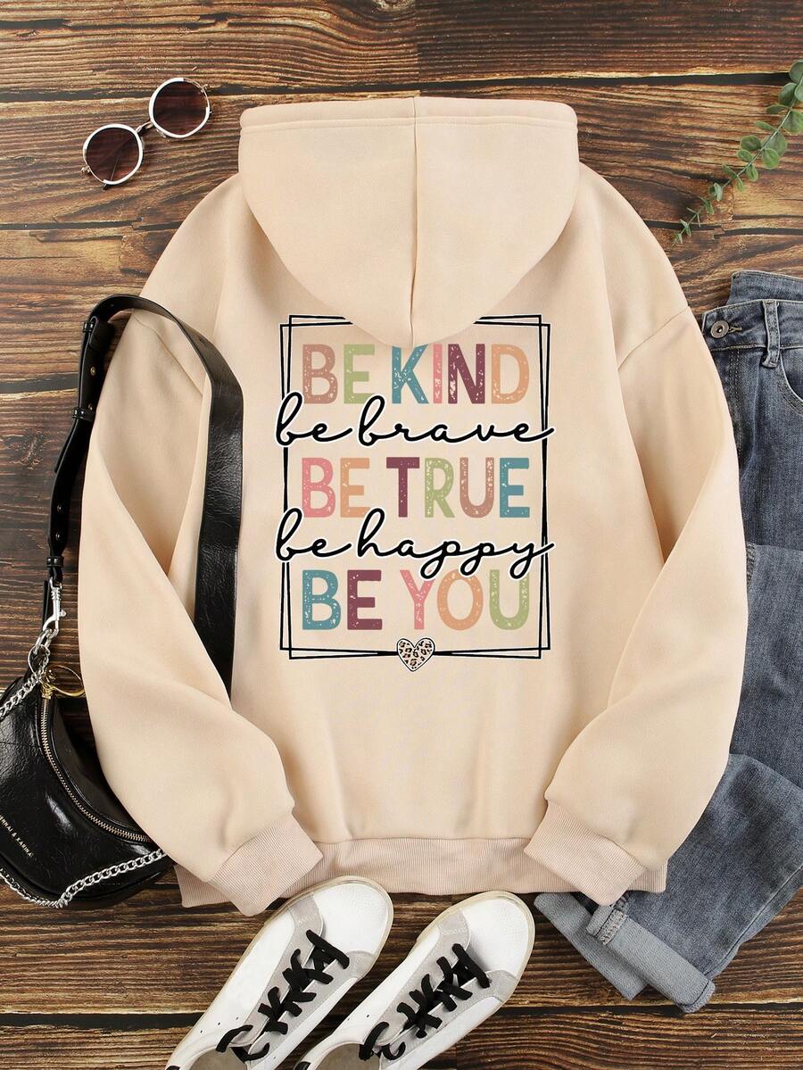 SHEIN Unity 字母圖案袋鼠口袋抽繩加絨內裏連帽衫 - 杏色 - 查看 1