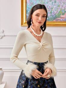 Modelyn Twist Front Fuzzy Cuff Sweater Knit Pullover Fall Winter Outfit - Apricot - View 1