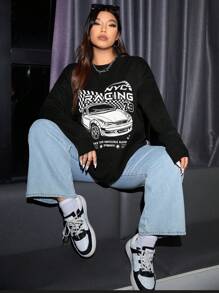 SHEIN EZwear Hơn Đồ họa ô tô và khẩu hiệu Thả vai Áo len - Nhiều màu - Xem 5