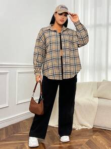 SHEIN EZwear 大碼格紋印花落肩袖襯衫 - 彩色 - 查看 5