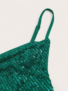 SHEIN BAE Christmas Ruched Split Thigh Sequin Cami Dress - Dark Green - View 8