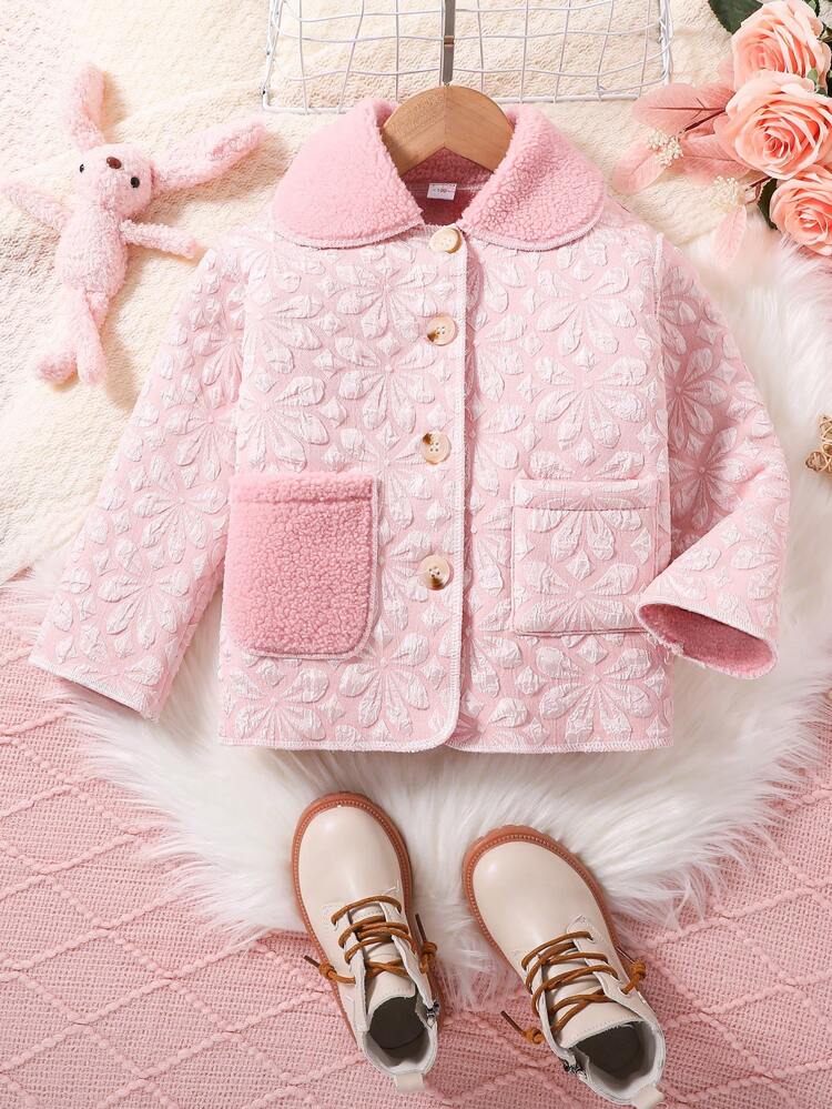 Young Girl Borg Collar Pocket Patched Jacquard Coat